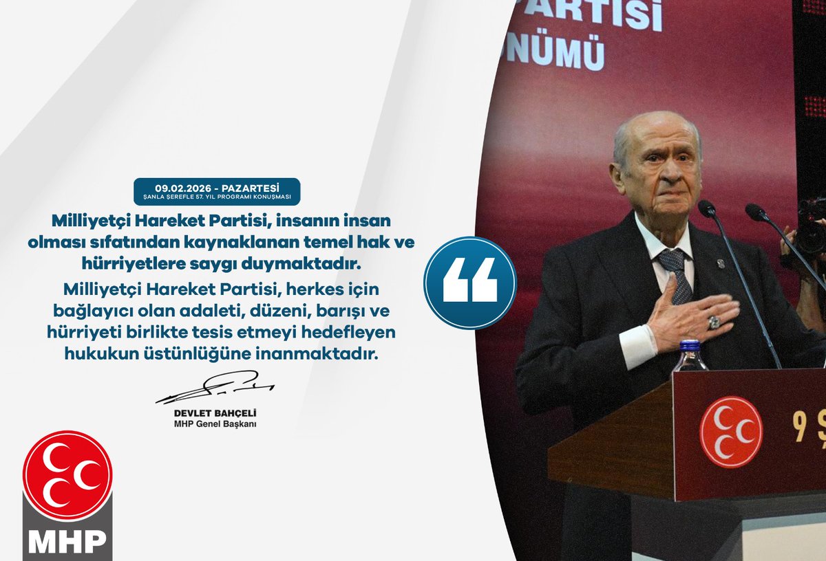 Milliyetçi Hareket Partisi, insanın insan olması sıfatından kaynaklanan temel hak ve hürriyetlere saygı duymaktadır.
Milliyetçi Hareket Partisi, herkes için bağlayıcı olan adaleti, düzeni, barışı ve hürriyeti birlikte tesis etmeyi hedefleyen hukukun üstünlüğüne inanmaktadır.

MHP