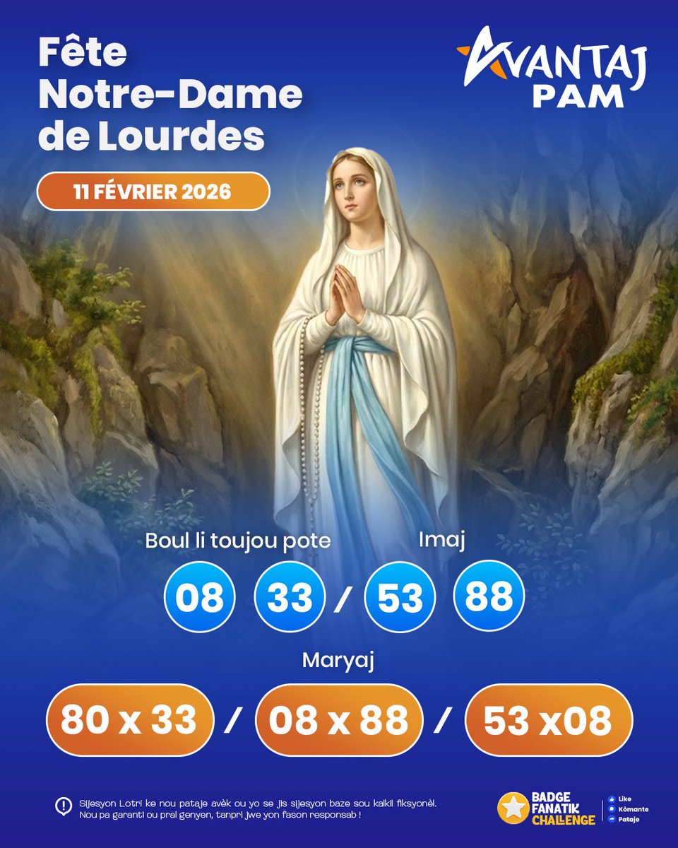AvantajPam's tweet photo. ✨ 11 Fevriye Fèt " Notre Dame de Lourdes"
🔮🎲 Boul ki mache ak dat sa a: 0️⃣8️⃣➖3️⃣3️⃣➖🔮
Imaj: 5️⃣3️⃣➖8️⃣8️⃣
💍💑💖 Maryaj: 8️⃣0️⃣x3️⃣3️⃣➖0️⃣8️⃣x8️⃣8️⃣➖5️⃣3️⃣x0️⃣8️⃣💑💍💫

👉🏻Pran chans ou sou Avantaj Pam 

⚡🔥 Ret Branche Avantaj Pam 🔥⚡
Ap pote tout sen ki ap fete pou mwa Fevriye a pou ou! 🕯️💐🎊🎁🎈🎆🎇💌

💫🌟✨💛💜💚💙💖💫🎀💌💝🎉🎊🎆

#AvantajPam #BoulChans #Maryaj #Chans #Lanmou #fòkoujwe