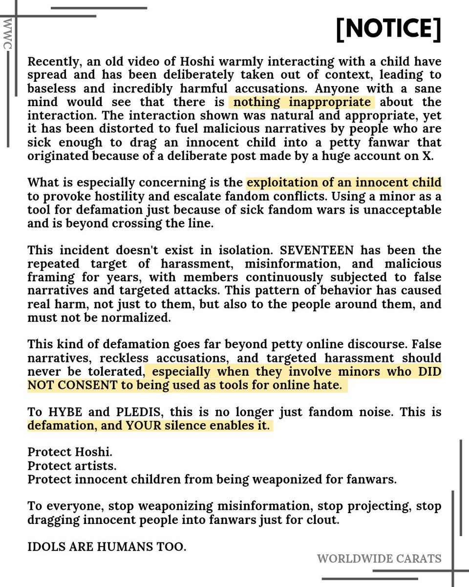 to involve innocent kids, some even making ai edits to further twist the narrative. fucking devil spawns, the bar is in HELL.

<a href="/pledis17_STAFF/">SEVENTEEN STAFF</a> <a href="/pledis_17/">세븐틴(SEVENTEEN)</a> <a href="/HYBEOFFICIALtwt/">HYBE OFFICIAL</a> protect your artists from defamation!

#HYBE_protectyourartists 
#PLEDISprotectHOSHI
#IDOLSARENOTYOURPAWNS