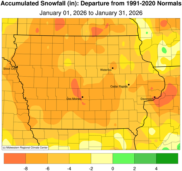 JustinMGlisan's tweet photo. January 2025 Precipitation Summary: #IA's average precip. was 0.94", 0.03" below normal. This ties 1881 as the 78th driest Jan. on record; 2025 was drier. Avg. snowfall came in at 2.3" (-6.0"), ranking as the 12th least snowy in 139 years of records. (2/2) #IowaClimate #IowaAg https://t.co/7yDWSsA6FV