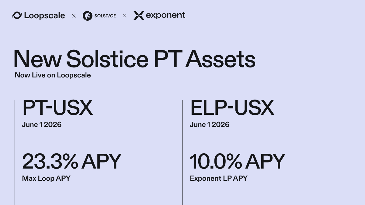 New opportunities for <a href="/solsticefi/">Solstice</a> x <a href="/ExponentFinance/">Exponent</a> PT-USX and its LP ELP-USX are now live on Loopscale.

• Loop PT-USX-01JUN26: Earn leveraged fixed yield on $USX.

• Borrow against ELP-USX-01JUN26: Unlock liquidity while earning LP fees, or manually loop for levered yields.