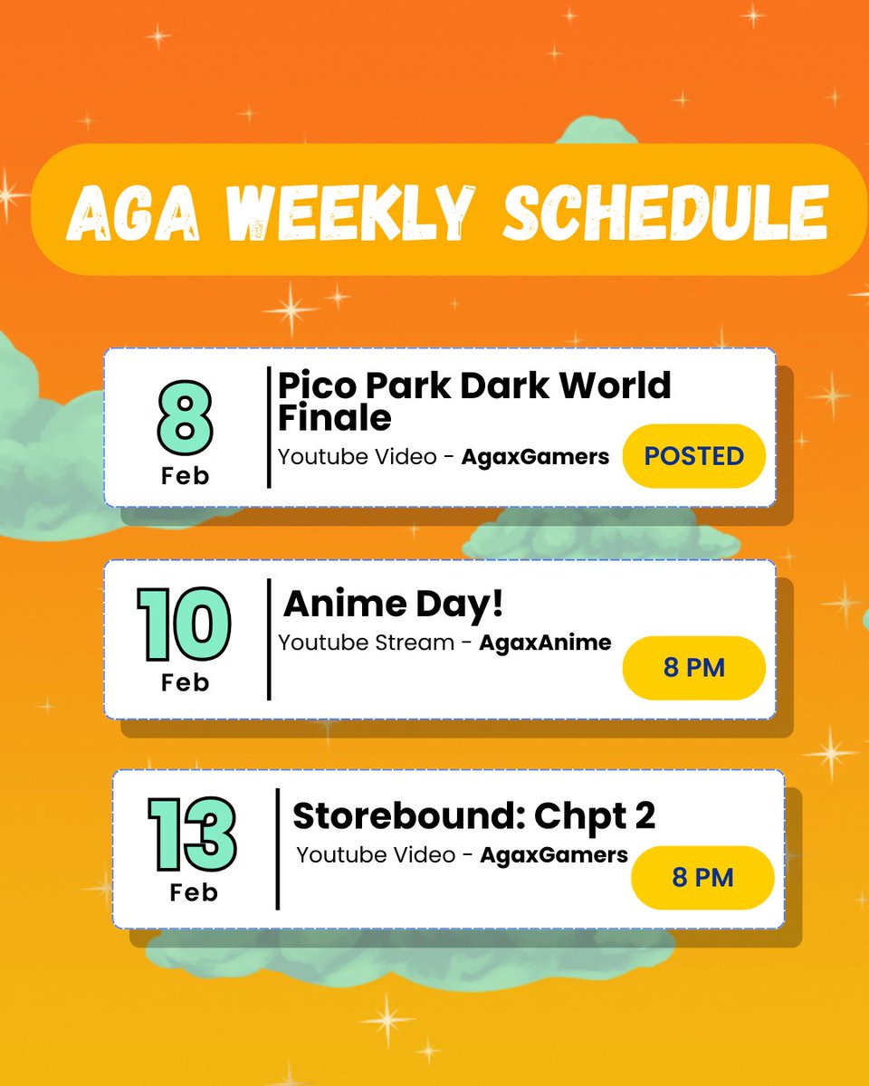 AGA_CLT's tweet photo. This week's schedule is out! come hang with us on Anime day!  We posted the finale of Pico Park and the 2nd chapter of Storebound on our gaming channel! See you there! https://t.co/7JZbEBQXpT https://t.co/lY2EGDrSHi