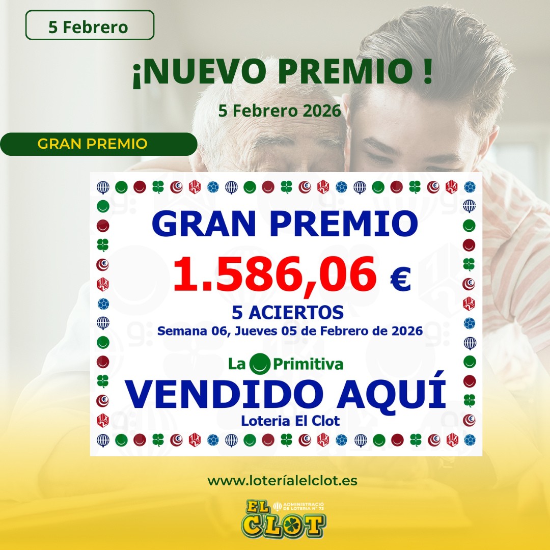 🎉 ¡Nuevo premio en febrero!!

En Lotería El Clot seguimos de celebración: hemos dado un premio de 5 aciertos de La Primitiva el 5 de febrero. La suerte vuelve a sonreír en el barrio… y queremos que tú seas el próximo.

Puedes jugar en nuestra web, loteriaelclot.es,