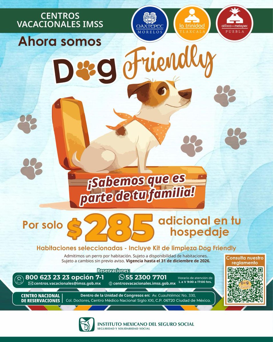 🐶🏖️ ¡Tu lomito ya es bienvenido!

Los Centros Vacacionales #IMSS ahora son Dog Friendly. 🐾 Porque sabemos que es parte de tu familia. 💛🧳

📍 Visítanos en Oaxtepec, La Trinidad y Atlixco-Metepec.