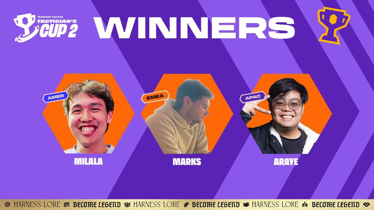 These tacticians battled their way to the top to claim the crown as your Lore &amp; Legends Tactician’s Cup II winners.

A huge round of applause for <a href="/milalatft/">milala</a>, Marks, and <a href="/ARaye__/">ARaye</a>! 👏