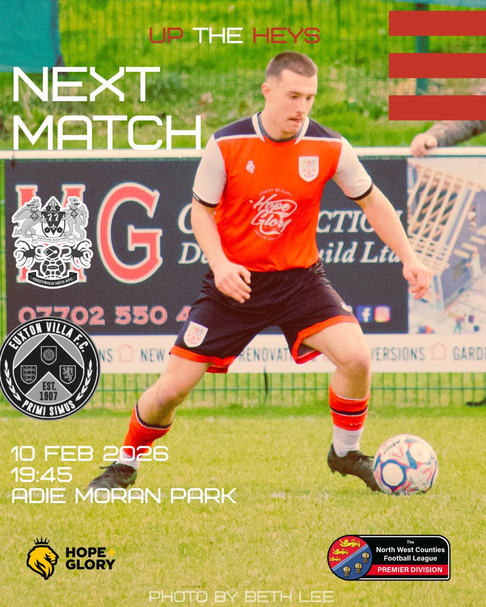 🔴⚪️ TOMORROW ⚪️🔴

A Tuesday night under the lights at AMP, as we welcome Euxton Villa in the reverse from the first game of the season!

🆚 | <a href="/EuxtonVillaFC/">Euxton Villa FC (P)</a> 
🏆 | <a href="/nwcfl/">The NWCFL ⚽️</a> 
🏟️ | Adie Moran Park
📆 | 10/02/26
⏰ | 19:45
🎟️ | Adults £7, Concessions £4, Under 16’s FREE

#UpTheHeys