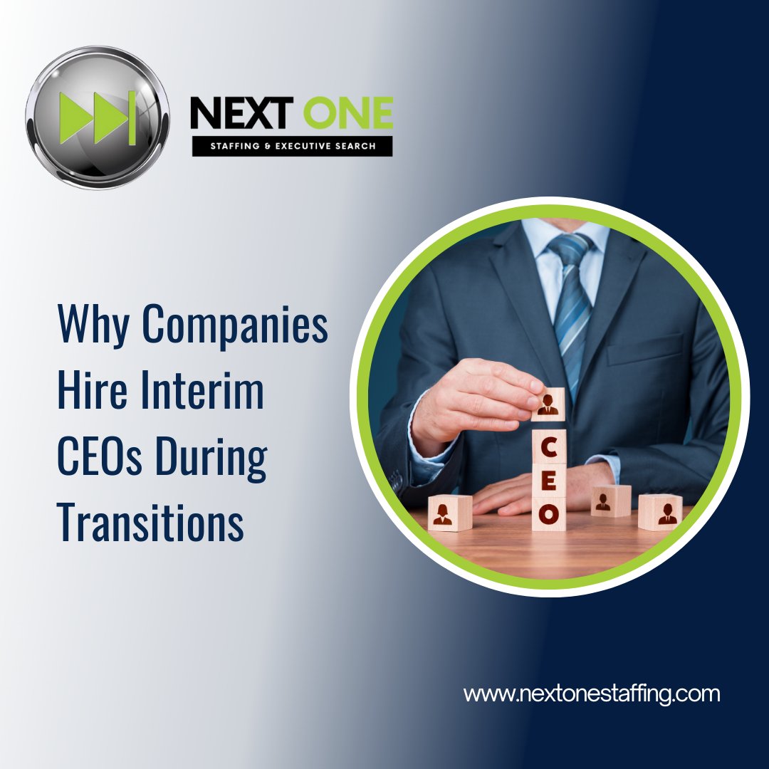 Leadership transitions require stability and momentum. That’s why many organizations turn to interim CEOs—to provide experienced leadership, guide change, and keep operations moving forward.

#NextOneStaffing #ExecutiveSearch #LeadershipHiring