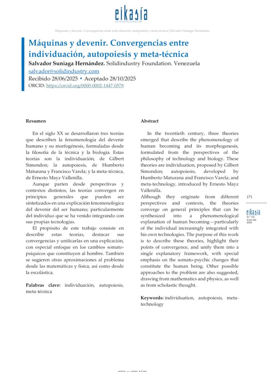 SolidIndustry's tweet photo. Celebramos la publicación de nuestra ponencia «Máquinas y devenir. Convergencias entre individuación, autopoiesis y meta-técnica», en la revista de filosofía Eikasía.

https://t.co/uN1RV0IKFB https://t.co/IDs1Eyx2Zl