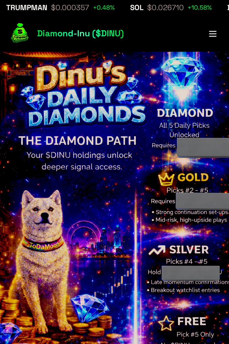 There are levels to the Diamond Path.

⭐ Free = preview
🥈 Silver = confirmations
🥇 Gold = continuation setups
💎 Diamond = full vault

Access is based on holdings.