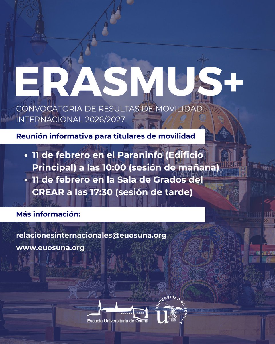 euosuna's tweet image. 📢 Convocatoria de Resultas – Movilidad Internacional 2026/27

La EUOsuna abre el plazo para solicitar plazas libres tras la Convocatoria General.

📅 Sesiones informativas: 11 de febrero (10:00 h y 17:30h)

📩relacionesinternacionales@euosuna.org

#MovilidadInternacional #EUO