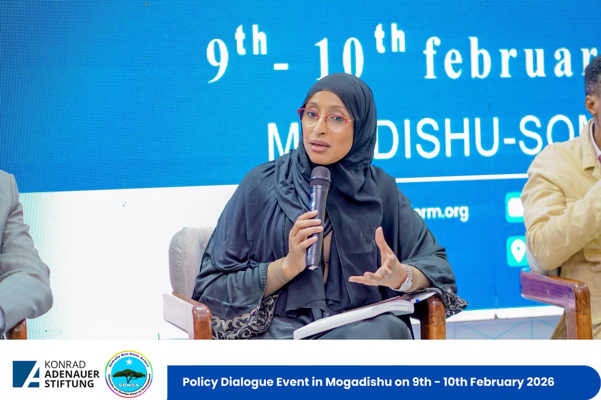 SONSA_NSA's tweet photo. During the panel discussion at the Policy Dialogue Event, held under the theme “Lessons from Liberated Areas and Pathways to Sustainable Stability,” Samira Gaid @SeraGaid stated that: 

“At the end of the day, security and stabilization rely on resources. We need consistent and adequate funding—for security operations and everything supporting them. Funding remains our most significant hurdle.”

#SomaliCivilSociety #PolicyDialogue #Stabilization @KAS_africa #CSOs @KAS_SIPODI_EA