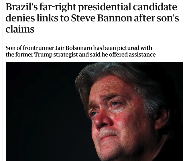 broderick's tweet image. So this is news to me. In the lead up to the 2018 Brazilian election, Jair Bolsonaro claimed he was not working with Steve Bannon. It turns out he was working with both Bannon AND Jeffrey Epstein.