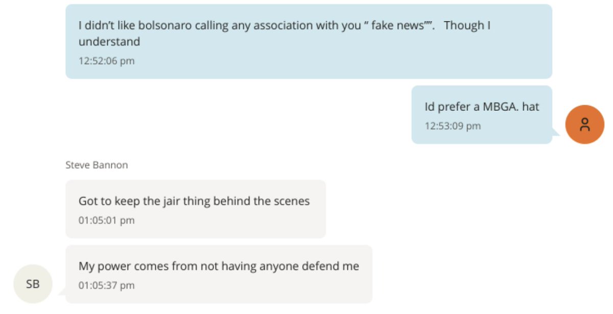 broderick's tweet image. So this is news to me. In the lead up to the 2018 Brazilian election, Jair Bolsonaro claimed he was not working with Steve Bannon. It turns out he was working with both Bannon AND Jeffrey Epstein.