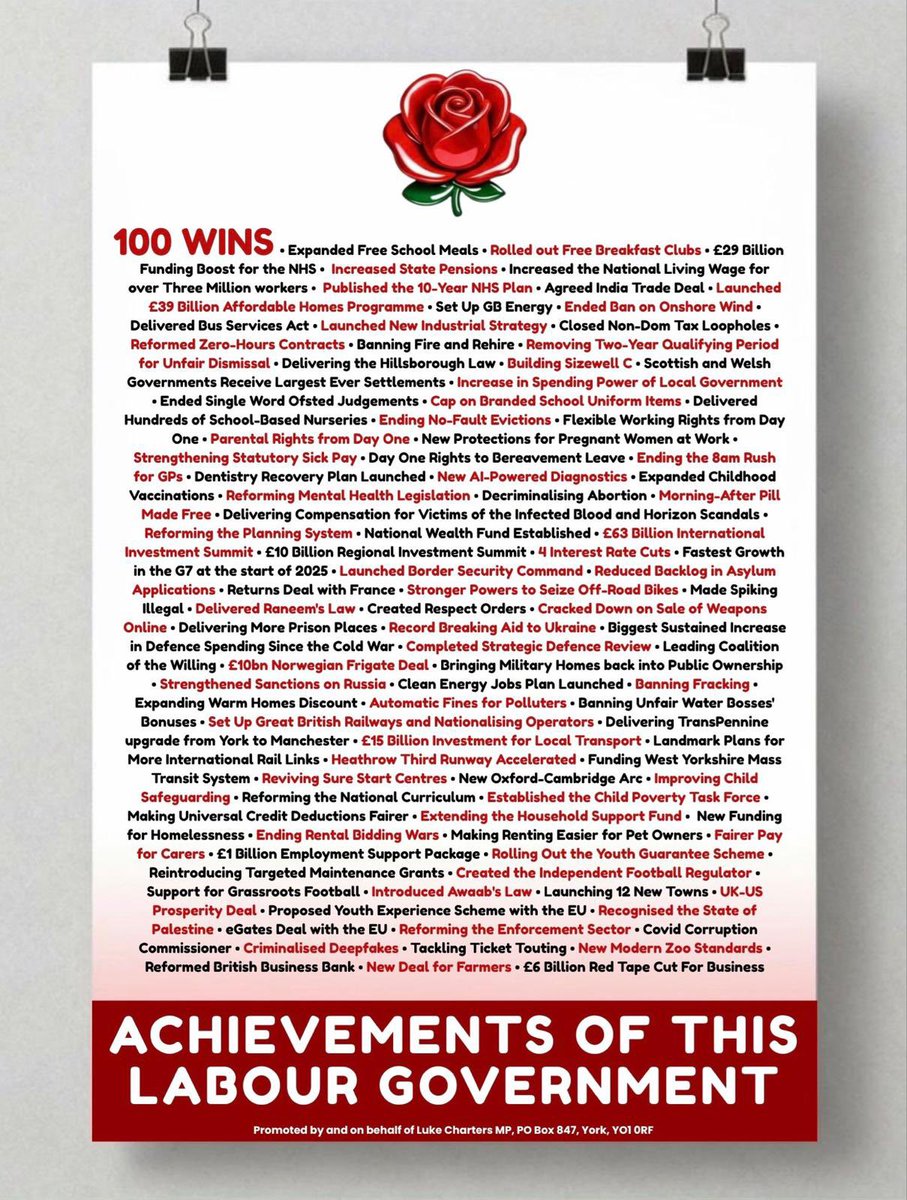 So much achieved. 

Much more to do.

As a united team let’s keep challenging Reform’s divisive agenda, all whilst delivering for the British people. 🌹💪🏽