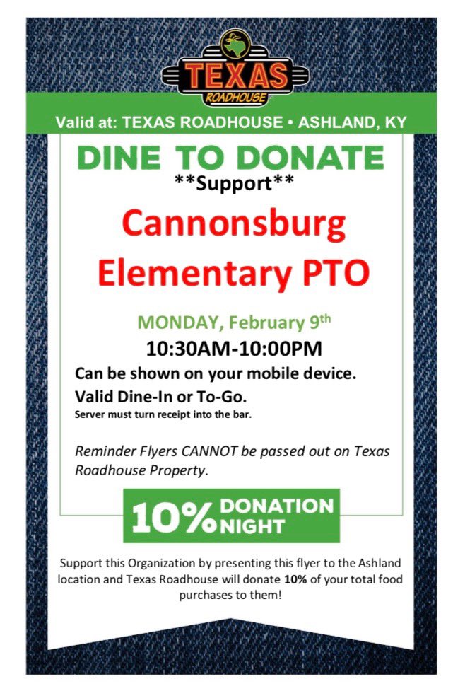 If you need an excuse to eat out today, here it is. Let’s show some love to Cannonsburg Elementary. Our Tigers need you and You need a steak for lunch or dinner!