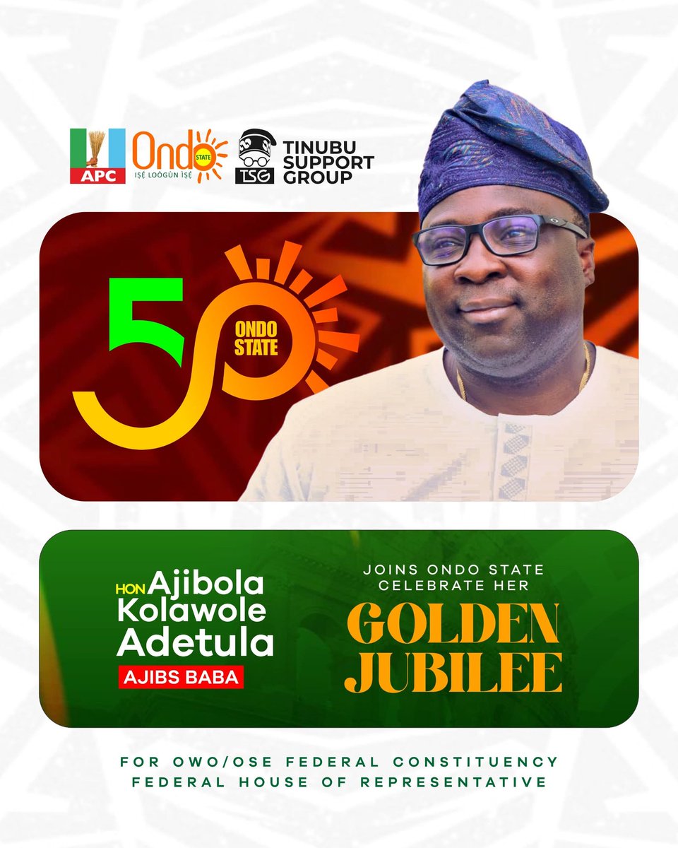 Jibs_baba's tweet photo. Proud to celebrate 50 years of Ondo State—its people, progress and promise.
Honoring our past, supporting today’s leadership, and committed to a brighter future.
Happy Golden Jubilee, Ondo State. ☀️ https://t.co/BC42krB3wQ