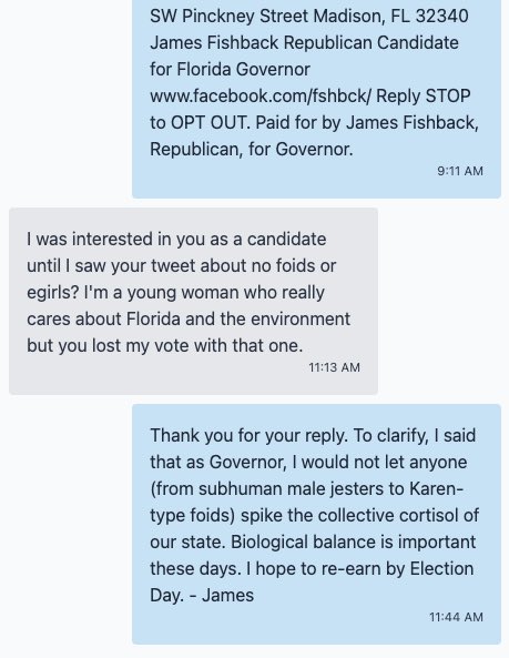 j_fishback's tweet image. This is a real text reply that our campaign received this morning. 

I asked the team to let me reply.