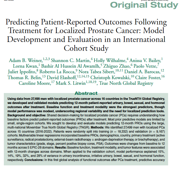 Adam_Weiner535's tweet photo. 🌍 Global patient reported outcomes (PROs) after localized #ProstateCancer treatment

👇New data from 27,499 patients across 16 countries (TrueNTH Registry) 

 Big predictors
🏁 Baseline function matters most
🏥 Treatment modality drives domain-specific tradeoffs

12-mo outcomes
🔴 RP → ↓ urinary continence & sexual function
📡 EBRT + ADT → ↓ bowel & hormonal function
🟢 AS → smallest functional declines

Reality check
⚠️Global models explain only ~14–32% of variance
🌐 Major regional heterogeneity → one-size models fall short

🎯 Takeaway
Personalized counseling needs baseline function + local context, not just treatment labels

🔗https://t.co/OQzEaGpoUi

@UCLAHealthJCCC @UclaUrology @CS_Urology @CSCancerCenter @UrologyTimes @PCFnews @renalandurology @urotoday
