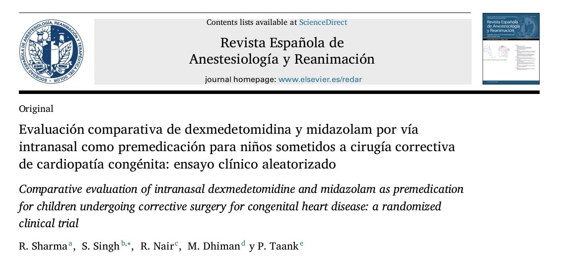 _REDAR_'s tweet image. Qué premedicación utilizas en pacientes pediátricos❓ Dexmedetomidina VS Midazolam intranasal... Con cuál te quedas❓❓
Aquí lo tienen claro para cirugía de cardiopatía congénita 
👇🏼👇🏼👇🏼
elsevier.es/es-revista-rev…