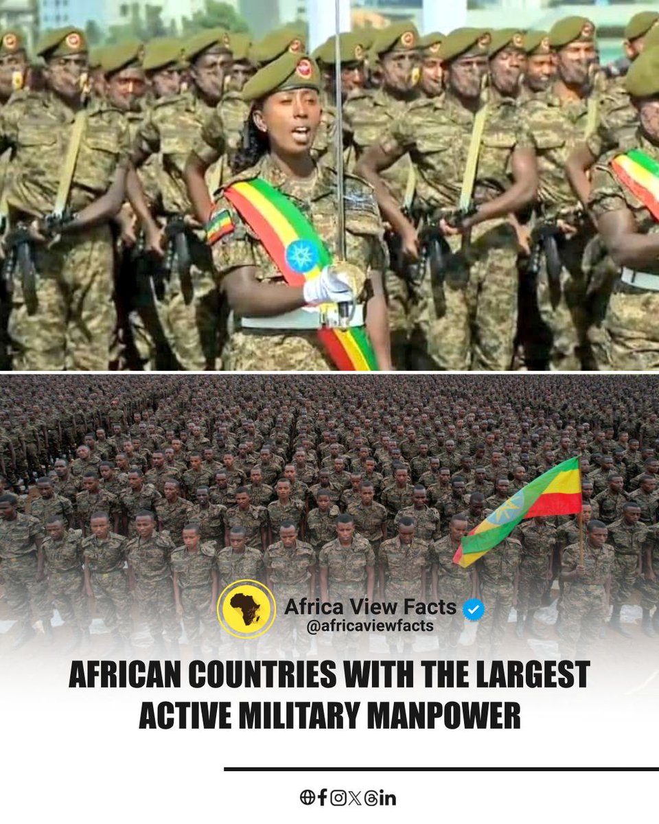 African countries with the largest active military manpower.

1. 🇪🇹 Ethiopia — 503,000 active troops (Global rank : 9th)

2. 🇪🇬 Egypt — 438,500 (13th)

3. 🇲🇦 Morocco — ~400,000 (16th)

4. 🇪🇷 Eritrea — ~350,000 (20th)

5. 🇸🇩 Sudan — ~300,000 (22nd)

6. 🇳🇬 Nigeria — 230,000 (28th)