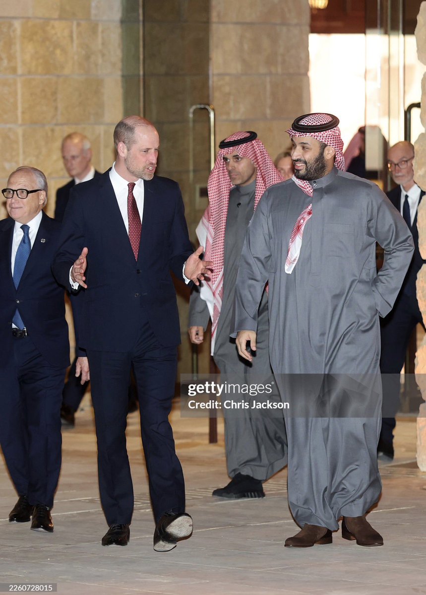 The Prince of Wales poses for a photograph with Crown Prince of Saudi Arabia, Mohammed bin Salman Al Saud on day one of his first official visit to Saudi Arabia at UNESCO World Heritage site At-Turaif