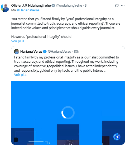 NormanIshimwe's tweet photo. WHAT @HARIANAVERAS IS FACING IS NOT “MEDIA CRITICISM.” IT IS INTIMIDATION AND HARASSMENT BY RWANDA — AND IT IS EXTREMELY SERIOUS.

We are watching a coordinated campaign by the Rwandan state to silence a journalist:
troll networks, aligned influencers, state media, and security services—all amplified and legitimized by the Minister of Foreign Affairs @onduhungirehe himself. 

The argument used against her does not even hold legally or journalistically.
In a state governed by the rule of law, a journalist is never accused or disqualified for:
- how questions are framed,
- which topics are prioritized, or
- which political narratives are not adopted.

That logic only exists in authoritarian systems—where journalists are expected to repeat official talking points and are punished when they don’t.

One of the most absurd elements of Mr. Nduhungirehe’s post is the idea that a journalist’s integrity is determined by whether she echoes a government’s preferred enemies, vocabulary, or geopolitical framing. That is not journalism. That is propaganda.

Let’s be clear: Rwanda is a repressive state when it comes to press freedom.
According to Reporters Without Borders, Rwanda ranks 146th out of 180 in the 2025 World Press Freedom Index. RSF documents:
- total state control of the media,
- surveillance of journalists,
- arbitrary arrests,
- forced exile,
- and journalists killed or disappeared—inside Rwanda and abroad.

With such a record, Rwanda and its regime have absolutely no lessons to give on journalism.

An African woman journalist, working as a correspondent in Washington, is now being publicly targeted and discredited by a foreign government with a well-documented record of transnational repression. Her safety is at stake. This must be taken seriously.

Several journalists have already paid with their lives for reporting facts that displeased the regime in Kigali—both inside Rwanda and outside its borders. 

This episode also shows where the Rwandan regime stands on the eve of new US sanctions expected in the coming hours: instead of accountability, it shifts blame onto journalists. That is extremely grave.

This case must be treated urgently.
@whca, @RSF_inter, @RSF_en, @pressfreedom, press organizations, editors, and democratic institutions must act to protect and defend this journalist.

Nothing she is accused of makes sense in a democracy.

Everything about this campaign makes sense in an authoritarian system afraid of independent reporting.

cc: @KellyO @peterbakernyt @JacquiHeinrich @michelawrong @PVerlindenJst @LewisMudge @hrw @demontcl @JodieGinsberg @ClaytonWeimers @weijia @justinsink @JacquiHeinrich @brianbennett @andrewharnik @trevorhunnicutt @cmsub @karentravers