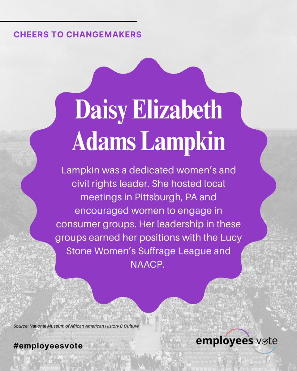 Today we celebrate Daisey Elizabeth Adams Lampkin who was a dedicated women’s and civil rights leader. She was a changemaker, ensuring her community was engaged in local elections 🗳️#EmployeesVote
