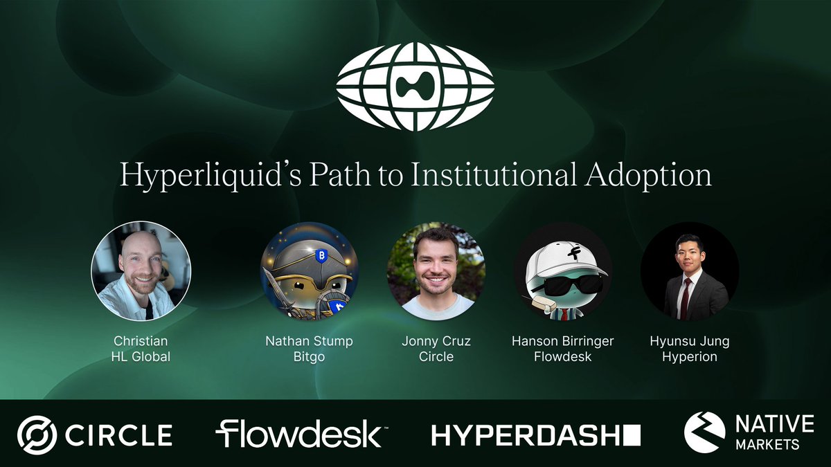 As <a href="/HyperliquidX/">Hyperliquid</a> matures, institutions are paying attention.

But what does TradFi adoption mean for a community first ecosystem?

Hear it from the major players:

<a href="/Nathan_Stump015/">Nathan Stump</a> - <a href="/BitGo/">BitGo</a> 
<a href="/jonny_cruz3/">Jonny</a> - <a href="/circle/">Circle</a> 
<a href="/HansonBirringer/">Hans</a> - <a href="/flowdesk_co/">Flowdesk</a> 
<a href="/hyunsujung_/">hyunsu.hl</a> - <a href="/HyperionDeFi/">Hyperion</a>