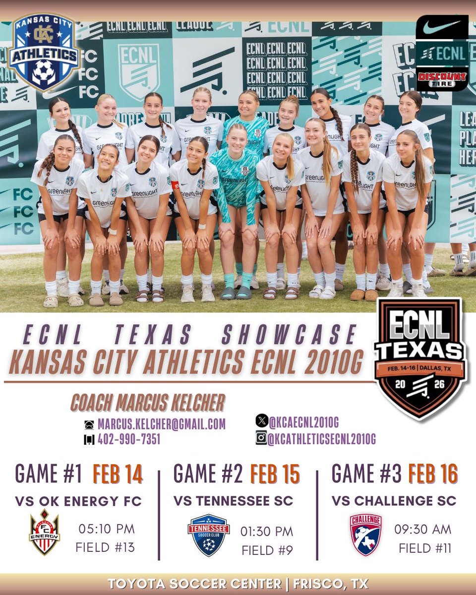 KCAECNLu17g's tweet photo. Our team is ready to represent this weekend at the ECNL Texas Showcase!  Coaches, we’d love to see you on our sidelines!  ⚽️🔥 #ECNLTX 

@AthleticsKC @ECNLgirls @MarcusKelcher @ImYouthSoccer @ImCollegeSoccer @TopDrawerSoccer @PrepSoccer @TheSoccerWire https://t.co/5rOaKQuUgV