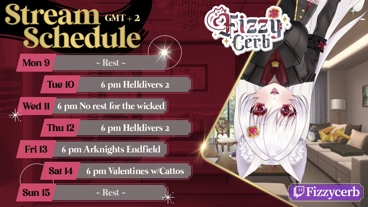 Miss Fizzy Schedule this Snackie of a Week~

Its a bit upside week!~
#envtuber #catgirl #girls #twitch #gaming #vtubers