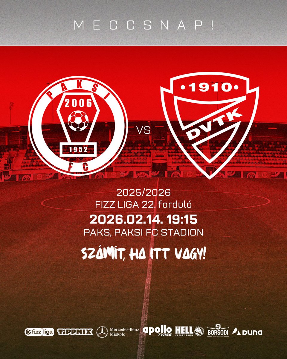 DVTKeu's tweet photo. 🔥 MECCSNAP 🔥

⚽ @PaksiFc - #DVTK
🏆 Fizz Liga 22. forduló
🏟️ Paks
📅 2026. február 14., szombat
⌚ 19:15
📺 M4 Sport
💻 https://t.co/61K3iSp5OF
📱 https://t.co/poHvuUNzHv
🎫 https://t.co/q70IAVSaxA https://t.co/Zz4t8iSp8u