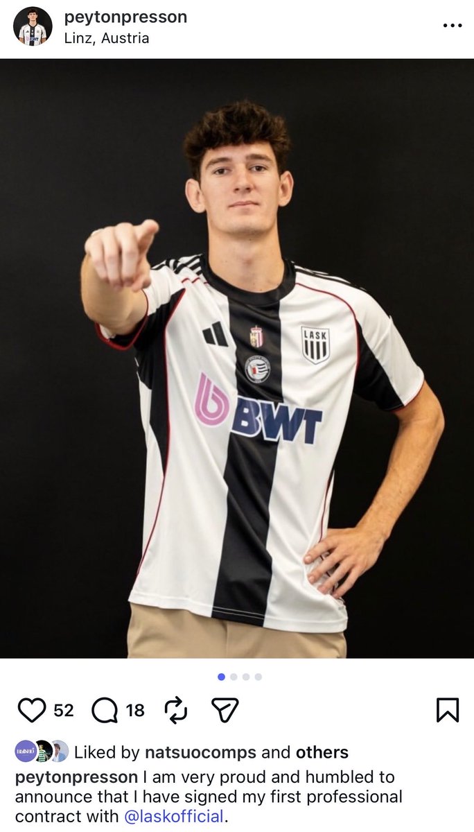 ProspectsUsmnt's tweet photo. Peyton Presson (‘08) has signed pro with LASK of Austria’s top flight.

The USYNT central striker from South Florida is a high potential player.

The provisional plan is he will play with the reserves the rest of this season and get first team opportunities next season. https://t.co/71aVrnjKLN
