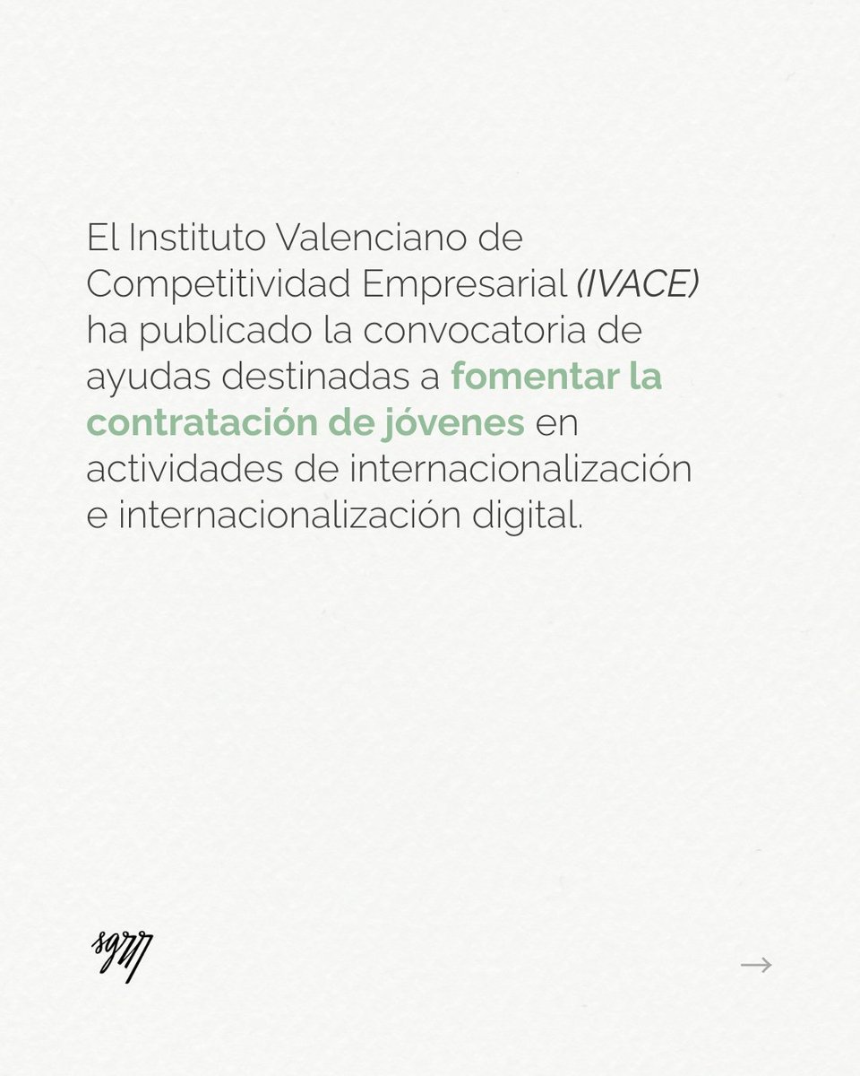 SEGARRAABOGADOS's tweet photo. #Circular / SGRR

📢 El IVACE ha publicado la convocatoria de Ayudas 2026 para la contratación de jóvenes en internacionalización.

Desde Segarra Abogados y Economistas te mantenemos informado para que puedas acceder a estas ayudas: https://t.co/7JksKRA0vB https://t.co/NBkT5bWt7s