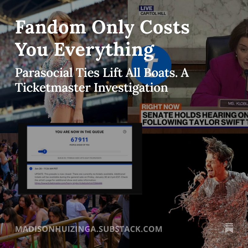 New! ⭐️ On Ticketmaster corruption, the cost of being parasocial, and stadium tours being the new Disney family vacation 💌 madisonhuizinga.substack.com/p/fandom-only-…