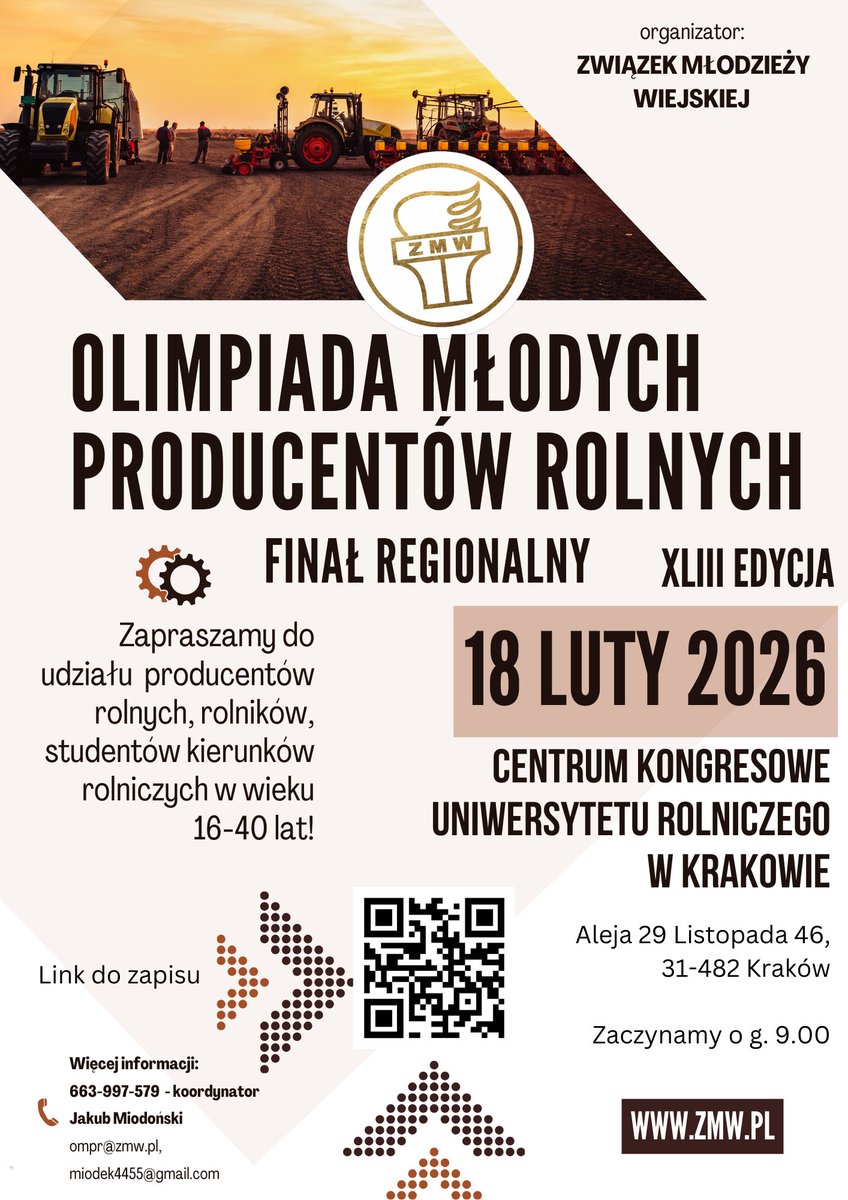 JakubMiodonski's tweet photo. 🌾 Gorąco zachęcam do zapisów na Olimpiadę! Zapraszamy do udziału producentów rolnych, rolników, studentów kierunków rolniczych w wieku 16-40 lat! Nagrody są MEGA! https://t.co/5nqEFqjPZr
