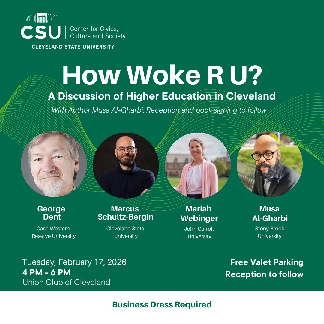 csucivicscenter's tweet image. Feb 17 | How Woke R U?
A discussion on higher education in Cleveland.
📍 Union Club Ballroom | 4–6 PM
 Dress code required: Business or business-casual (venue policy)
Details ➜ csuohio.edu/event/civics/h…

#CSUCommunity #CivicDiscourse #HigherEducation