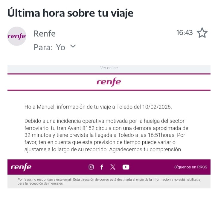 ManuelMmoreno's tweet photo. Muchas gracias, @Renfe, por avisar con 24 horas de antelación de un posible retraso por una huelga que, afortunadamente, ha sido desconvocada. No todo funciona tan mal, #Yas9Feb. Gracias, @oscar_puente_ https://t.co/sXpmi2tptU