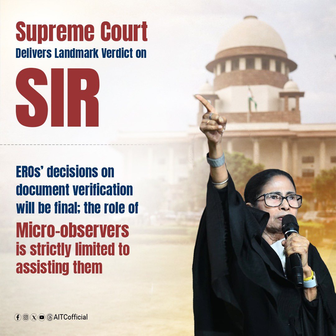 AITCofficial's tweet photo. A resounding victory for democracy. A decisive triumph for the people of Bengal.

The Hon’ble Supreme Court has affirmed that EROs alone will exercise final authority on document verification, reducing micro-observers to a strictly assistive role, and directing that 8,505 Bengal officials be tagged to support the SIR process.

Crucially, the Court has also mandated that all documents issued by competent authorities must be accepted. Most damningly, the Apex Court has questioned the very software tools deployed by the Election Commission, noting how they erased natural variations and triggered unjustified notices against genuine voters.

Those who sought to weaponise institutions against the people stand exposed, in law, in principle, and before the nation.