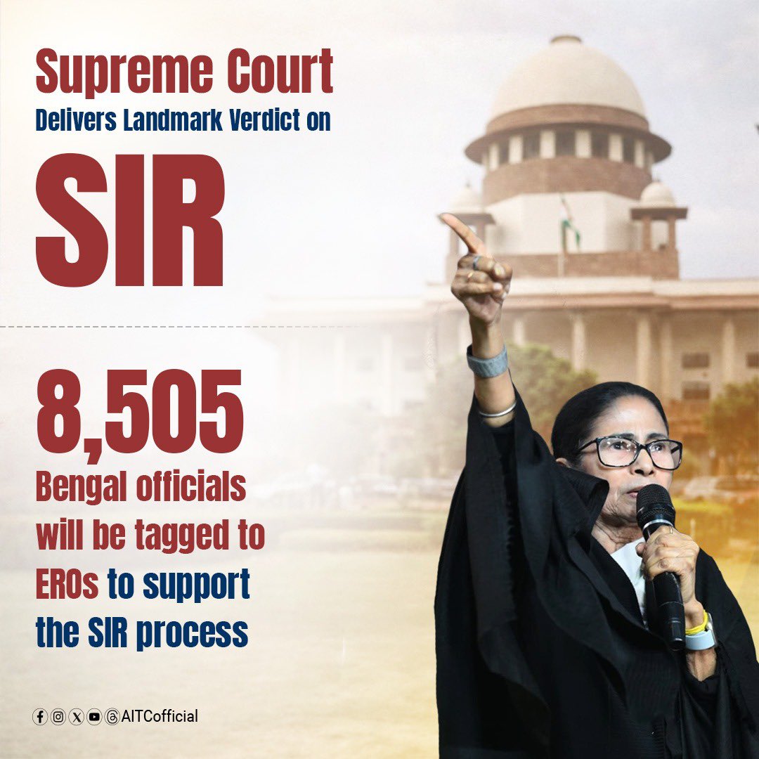AITCofficial's tweet photo. A resounding victory for democracy. A decisive triumph for the people of Bengal.

The Hon’ble Supreme Court has affirmed that EROs alone will exercise final authority on document verification, reducing micro-observers to a strictly assistive role, and directing that 8,505 Bengal officials be tagged to support the SIR process.

Crucially, the Court has also mandated that all documents issued by competent authorities must be accepted. Most damningly, the Apex Court has questioned the very software tools deployed by the Election Commission, noting how they erased natural variations and triggered unjustified notices against genuine voters.

Those who sought to weaponise institutions against the people stand exposed, in law, in principle, and before the nation.