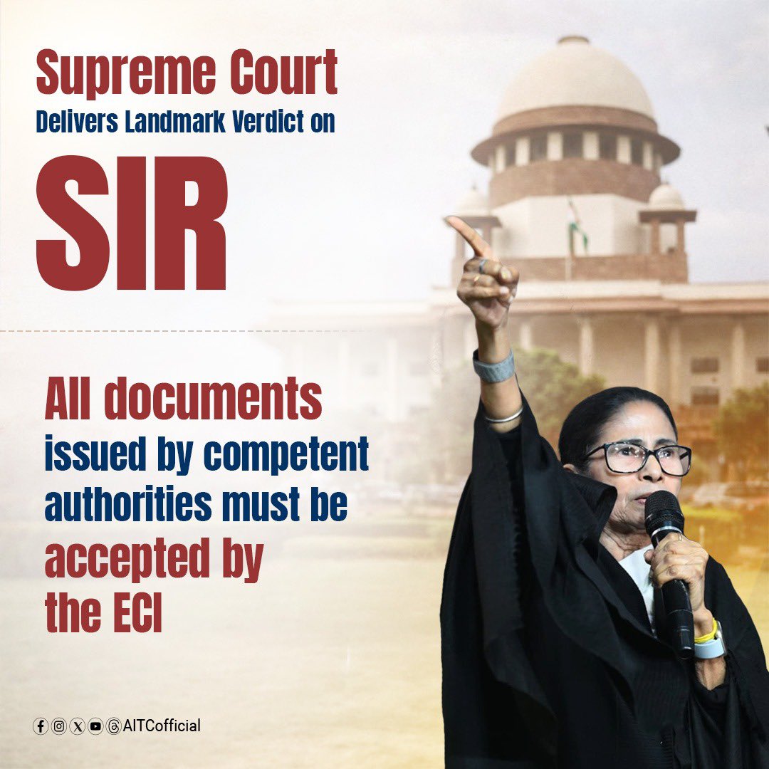 AITCofficial's tweet photo. A resounding victory for democracy. A decisive triumph for the people of Bengal.

The Hon’ble Supreme Court has affirmed that EROs alone will exercise final authority on document verification, reducing micro-observers to a strictly assistive role, and directing that 8,505 Bengal officials be tagged to support the SIR process.

Crucially, the Court has also mandated that all documents issued by competent authorities must be accepted. Most damningly, the Apex Court has questioned the very software tools deployed by the Election Commission, noting how they erased natural variations and triggered unjustified notices against genuine voters.

Those who sought to weaponise institutions against the people stand exposed, in law, in principle, and before the nation.