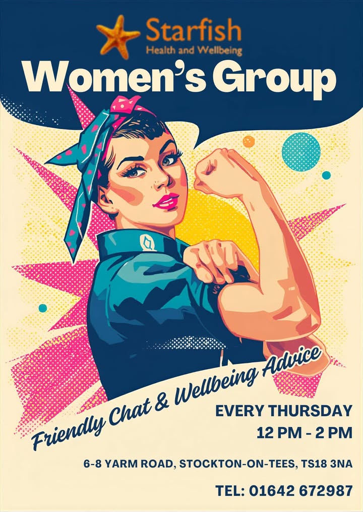A new Women’s Group starts 12th Feb at Starfish Health and Wellbeing. 

A weekly space to connect, share, and enjoy conversations with others.

Drop in this Thursday, 12–2pm for community and support. Open to all women 💛

#Stockton #Wellbeing #Community #Support