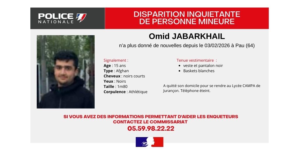 #disparitioninquiétantedemineur | Les enquêteurs du commissariat de #Pau ont besoin de vos partages afin de retrouver au plus vite le jeune Omid. Ce dernier a quitté le domicile familial de Pau pour se rendre à son lycée Campa de Jurançon le mardi 3 février et n'a plus donné de