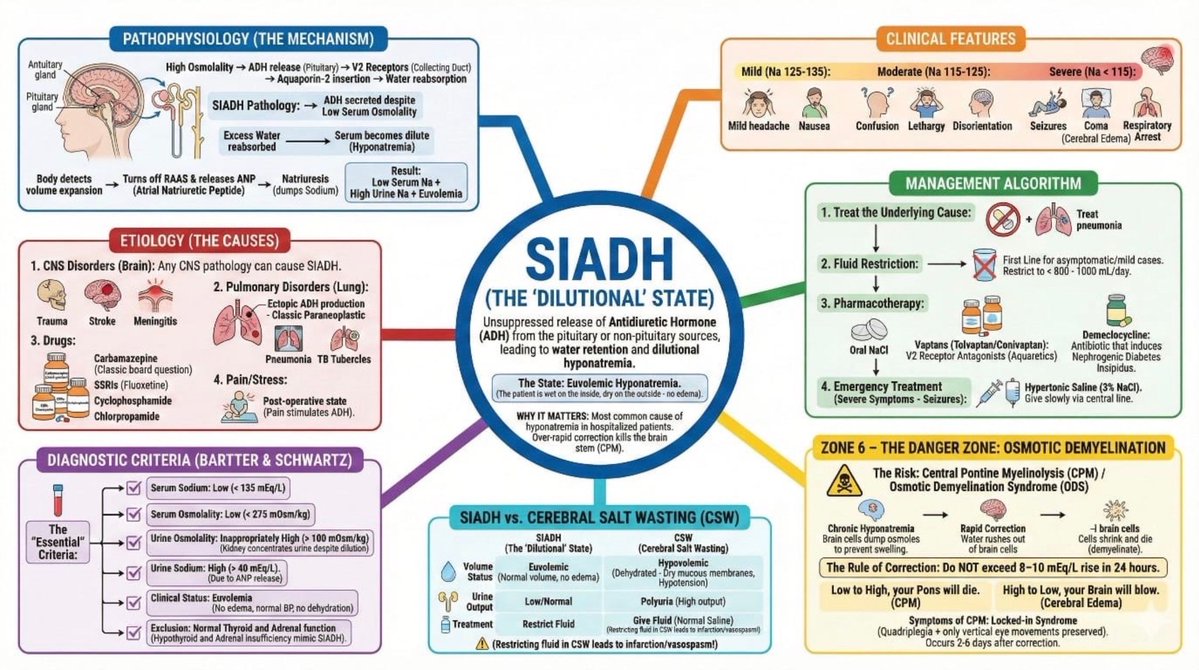 MarlonVFZR's tweet image. 💧🧠 𝗦𝗜𝗔𝗗𝗛 — 𝗲𝗹 𝗲𝘀𝘁𝗮𝗱𝗼 “𝗱𝗶𝗹𝘂𝗰𝗶𝗼𝗻𝗮𝗹”🧂
⬇️⬇️⬇️⬇️ 

🔹 𝙌𝙪𝙚́ 𝙚𝙨
👉 ADH inapropiada ➜ 💦 retención de agua ➜ 𝙝𝙞𝙥𝙤𝙣𝙖𝙩𝙧𝙚𝙢𝙞𝙖 𝙚𝙪𝙫𝙤𝙡𝙚́𝙢𝙞𝙘𝙖

🔬 𝘾𝙡𝙖𝙫𝙚𝙨 𝙛𝙞𝙨𝙞𝙤𝙥𝙖𝙩𝙤𝙡𝙤́𝙜𝙞𝙘𝙖𝙨
🧠 ADH ↑ pese a osm baja
🚱 Agua ↑ | 🧂 Na ↓…