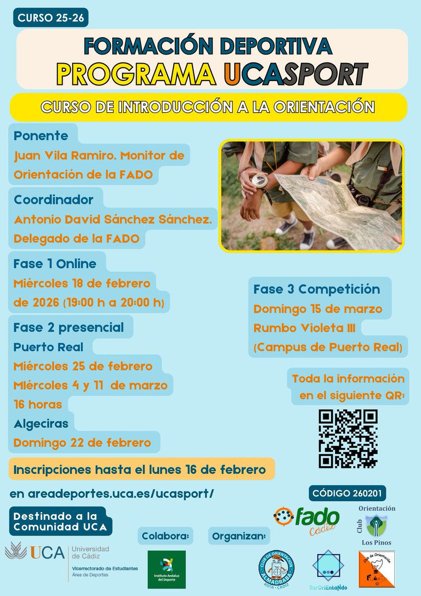 DeporteUCA's tweet photo. Introducción a la orientación 

Dentro de su programa UCASPORT de formación deportiva, se llevará a cabo el webinar como primera parte fase teórica online.

El próximo miércoles 18 de febrero, a las 19 horas.

https://t.co/by5v5iybYC
@univcadiz https://t.co/Bkt6PMjtS6