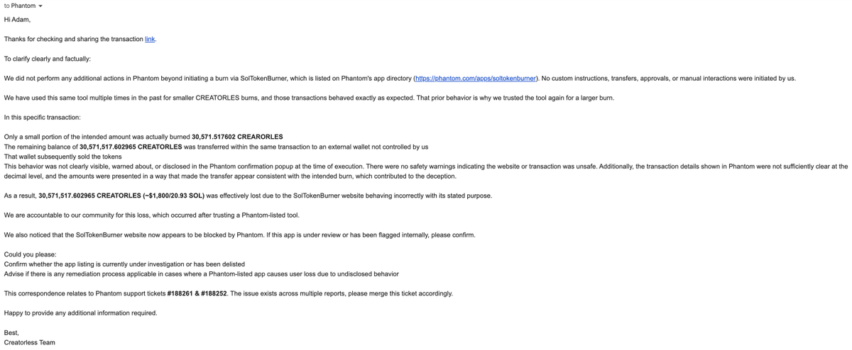 creatorlessfun's tweet image. What happened, what broke, and how Creatorless evolves from here!

We owe the community a clear explanation.

Yesterday, while executing a large burn of $CREATORLES using a tool listed on Phantom &amp;amp; Backpack, a significant portion of tokens was not burned and was instead siphoned…