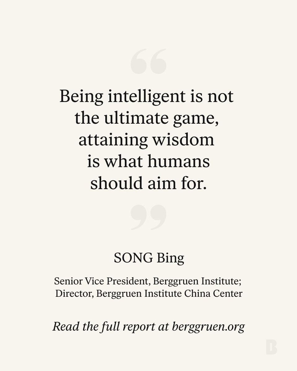 berggruenInst's tweet photo. In the age of ubiquitous artificial intelligence (AI), is “intelligence” still the most important aim of education?

According to BI Scholar and Senior Vice President, Bing Song, the pursuit of “wisdom” instead should be the core of our educational systems.

“Given AI systems mirror and magnify human consciousness and intentions, future education must include a life-long inquiry into what it means to be human, the nature of self, mind and reality, and adopt measures for fostering reflective mental space…

This would be the ultimate critical study programme humanity undertakes.”
In her recent essay for UNESCO, “Future of Education: Going Beyond the ‘Intelligence’ Paradigm”, Bing explores pathways for wisdom-based education and human-AI collaboration––grounded in East Asian philosophy and concepts of metaphysical oneness.

To learn more, you can read the full report on the Berggruen Institute website.

https://t.co/a61Qqwq3iw