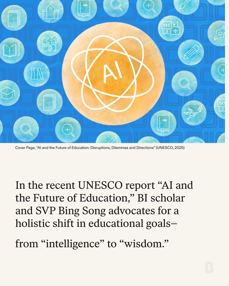 berggruenInst's tweet photo. In the age of ubiquitous artificial intelligence (AI), is “intelligence” still the most important aim of education?

According to BI Scholar and Senior Vice President, Bing Song, the pursuit of “wisdom” instead should be the core of our educational systems.

“Given AI systems mirror and magnify human consciousness and intentions, future education must include a life-long inquiry into what it means to be human, the nature of self, mind and reality, and adopt measures for fostering reflective mental space…

This would be the ultimate critical study programme humanity undertakes.”
In her recent essay for UNESCO, “Future of Education: Going Beyond the ‘Intelligence’ Paradigm”, Bing explores pathways for wisdom-based education and human-AI collaboration––grounded in East Asian philosophy and concepts of metaphysical oneness.

To learn more, you can read the full report on the Berggruen Institute website.

https://t.co/a61Qqwq3iw