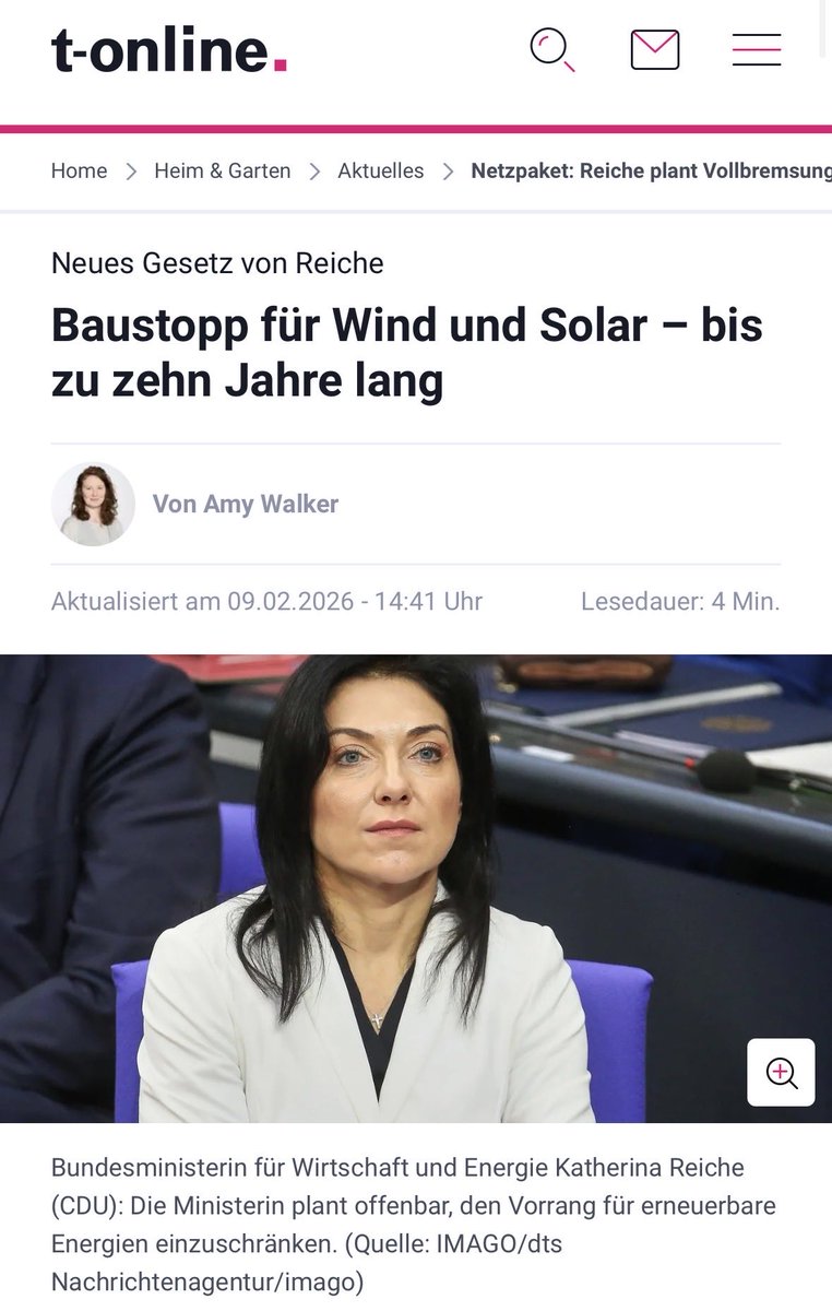 Katherina Reiche arbeitet weiter daran, den Ausbau der Erneuerbaren zu drosseln. Damit wird sie in einer Zeit, in der europäische Souveränität &amp; heimische, günstige Energieerzeugung sicherheitspolitische Assets sind, zunehmend zu einem Sicherheitsrisiko für unser Land.