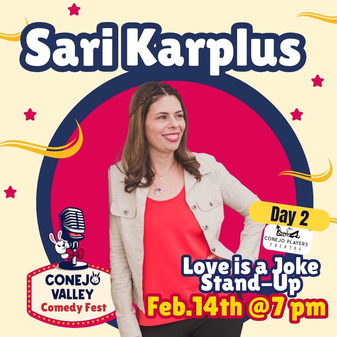 SariKarplus's tweet photo. Take a pause from the real world, and let's share a laugh. I'll be doing standup comedy at the Conejo Valley Comedy Festival on Valentine’s Day 2/14 at 7pm! 

Grab tix before they’re gone:  
https://t.co/7XsBH1f9V3

Recommended: Ages 16+ https://t.co/9IBeZED7kr