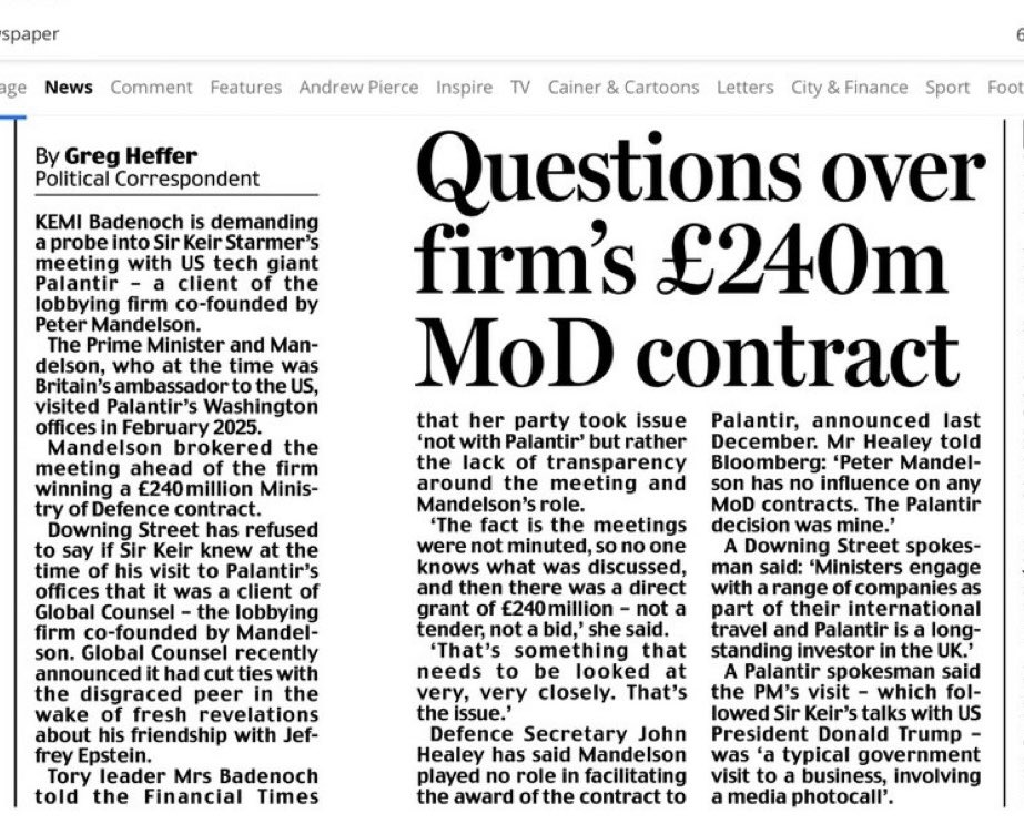 ReformDaily_'s tweet image. 🔍 Richard Tice demands clarity on Mandelson, Palantir &amp;amp; Starmer:

“Why was PM visit to Palantir in US, a client of Mandelson’s Global Counsel firm, kept secret from media?

Coincidence that Palantir awarded £240 million direct contract shortly after?”

Britain needs answers…